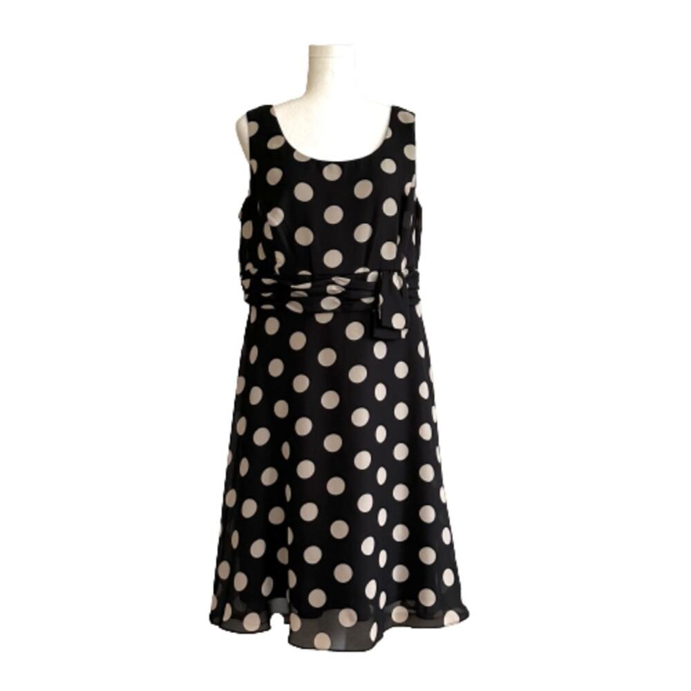 Dress Barn Dress Black Tan Polka Dot Sleeveless Ruched Waist Knee Length Size 14